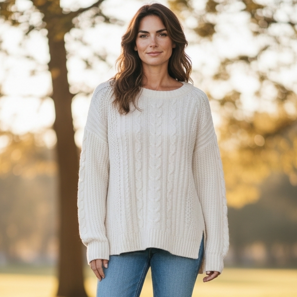 Brochu Walker Wool Cashmere Mixed Knit Cream Sweater Medium
